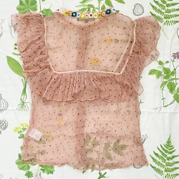 Varun Bahl Beaded Ruffled Nude Pink Polka Dot Sheer Cupro Button Up Blouse XS - Picture 3 of 11